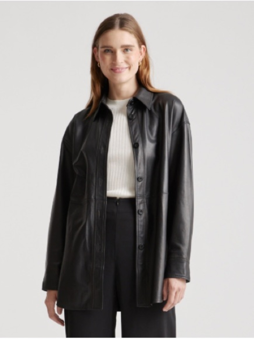 Quince Black 100% Leather Button-Front Shirt Jacket. NWT.